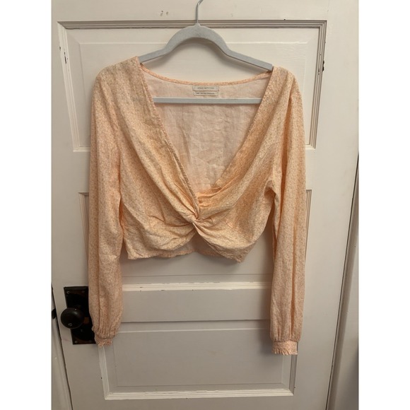 Urban Outfitters Peach Floral Twist Linen Long‎ Sleeve Crop Top Size Medium - Picture 2 of 8